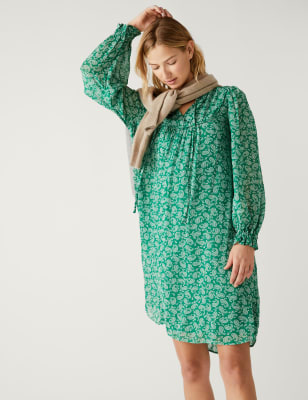 

M&S Collection Vestido fruncido por la rodilla estampado con lazo al cuelloWomens - Green Mix, Green Mix