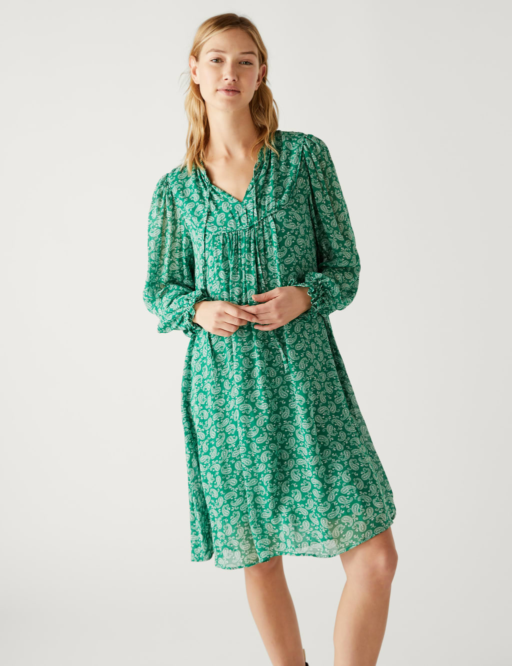Printed Tie Neck Knee Length Smock Dress image 2