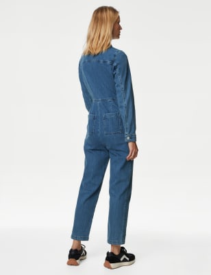 Denim Button Front Long Sleeve Jumpsuit