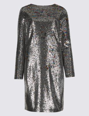 Sequin Long Sleeve Shift Dress Limited Edition M S