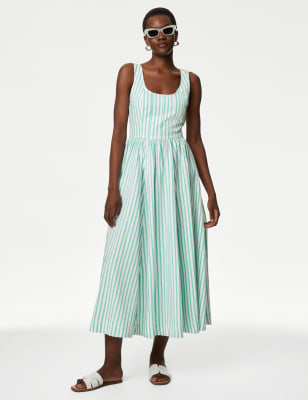 M&S Womens Pure Cotton Striped Midi Waisted Cami Dress - 12PET - Green Mix, Green Mix