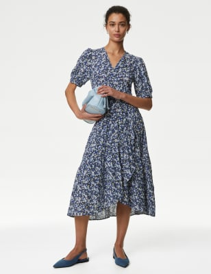 M&S Women's Printed V-Neck Midi Waisted Wrap Dress - 10REG - Navy Mix, Navy Mix,Iris