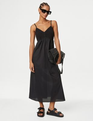 M&S Women's Pure Cotton Strappy Midi Cami Slip Dress - 6REG - Black, Black