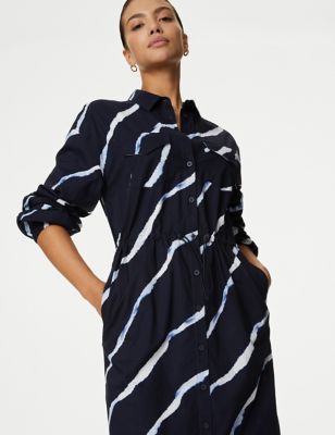 M&S Womens Pure Cotton Printed Tie Detail Midi Shirt Dress - 6REG - Navy Mix, Navy Mix