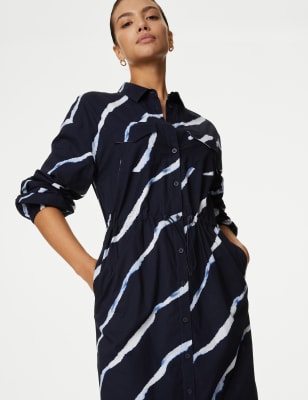 Pure Cotton Printed Tie Detail Midi Shirt Dress - KG