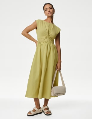 Jersey Woven Mix Round Neck Midi Dress