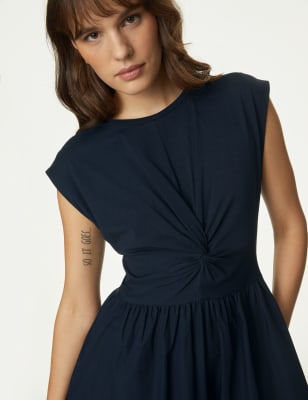 M&S Womens Jersey Woven Mix Round Neck Midi Dress - 10PET - Navy, Navy