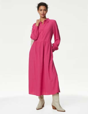 Textured Collared Midi Shirt Dress - CH