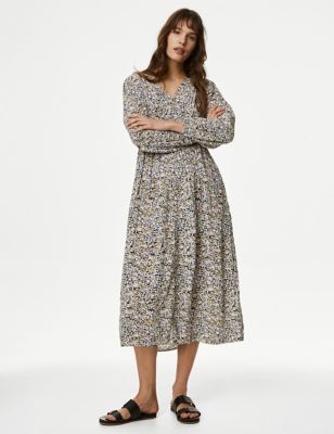 M&S Womens Textured Printed V-Neck Midi Tea Dress - 8REG - Multi, Multi