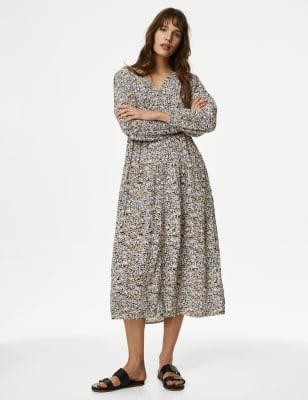 Textured Printed V-Neck Midi Tea Dress