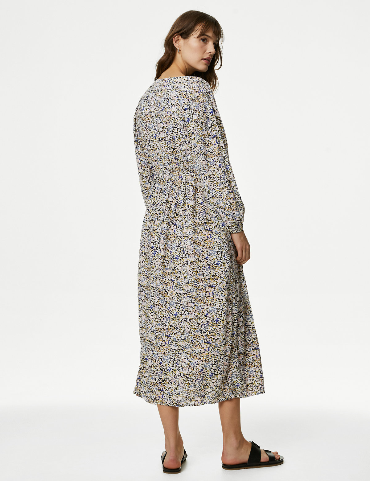 Textured Printed V-Neck Midi Tea Dress