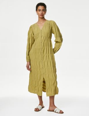 M&S Women's Cotton Rich Textured V-Neck Midi Tea Dress - 8LNG - Onyx, Onyx
