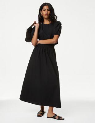 

Womens M&S Collection Pure Cotton Midi Shirred Waisted Dress - Black, Black