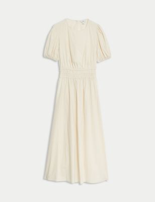 Pure Cotton Midi Shirred Waisted Dress