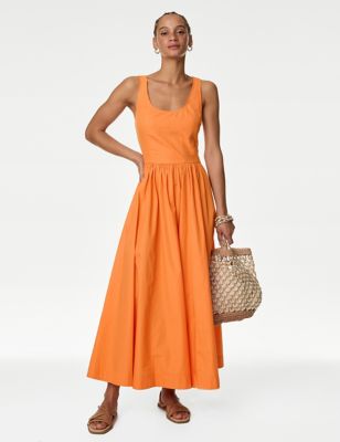 M&S Women's Pure Cotton Midi Cami Shift Dress - 16REG - Orange, Orange,Soft White