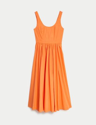 M&S Womens Pure Cotton Midi Cami Shift Dress - 12REG - Orange, Orange,Soft White