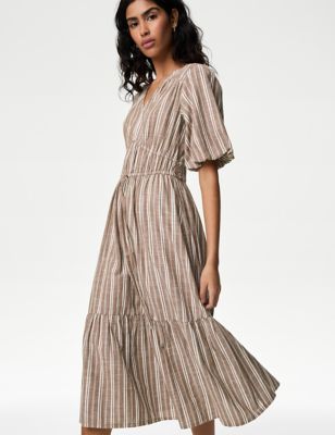 M&S Womens Pure Cotton Printed V-Neck Tiered Midi Dress - 8REG - Brown Mix, Brown Mix,Ivory Mix