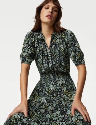 

M&S Collection Vestido a media pierna a la cintura de escote en pico estampado con fruncidoWomens - Navy Mix, Navy Mix