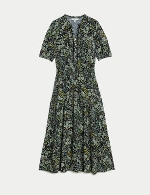 Printed V-Neck Shirred Midi Waisted Dress