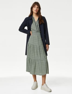 M&S Womens Printed V-Neck Shirred Midi Waisted Dress - 24REG - Soft Khaki, Soft Khaki,Navy Mix