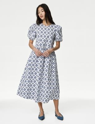 M&S Womens Cotton Rich Printed Puff Sleeve Waisted Dress - 8REG - Blue Mix, Blue Mix