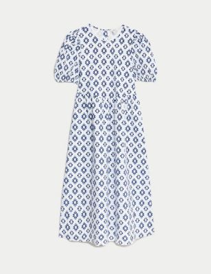 Cotton Rich Printed Puff Sleeve Waisted Dress