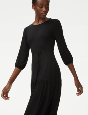 M&S Womens Jersey Round Neck Midi Tiered Tea Dress - 6REG - Black, Black