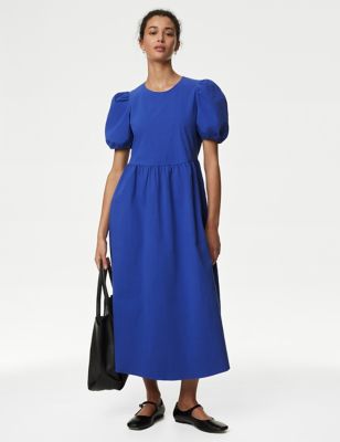 M&S Womens Cotton Rich Puff Sleeve Midi Column Dress - 12REG - Iris, Iris