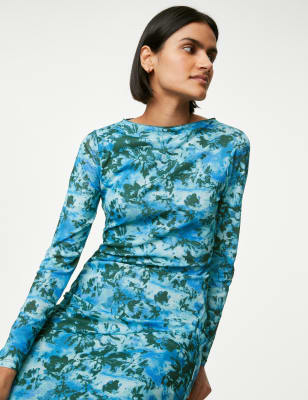 

Womens M&S Collection Mesh Jersey Printed Midi Column Dress - Blue Mix, Blue Mix