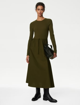 

Womens M&S Collection Jersey Ribbed Round Neck Midi Waisted Dress - Dark Khaki, Dark Khaki