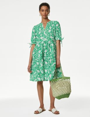 M&S Womens Pure Cotton Floral Pintuck Knee Length Tiered Dress - 10REG - Green Mix, Green Mix