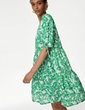 Pure Cotton Floral Pintuck Knee Length Tiered Dress