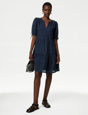 M&S Women's Pure Cotton V-Neck Knee Length Tiered Dress - 10REG - Navy, Navy