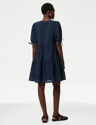 Pure Cotton V-Neck Knee Length Tiered Dress