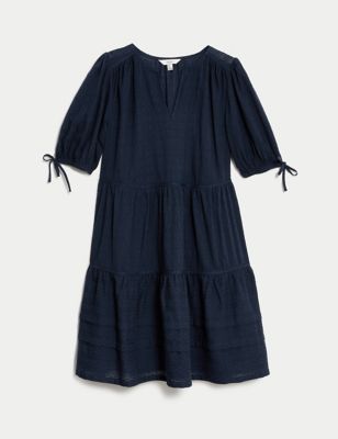 Pure Cotton V-Neck Knee Length Tiered Dress