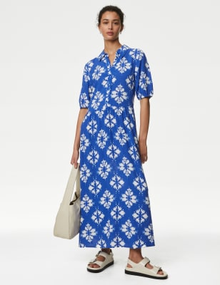 Printed Collared Puff Sleeve Midi Shirt Dress