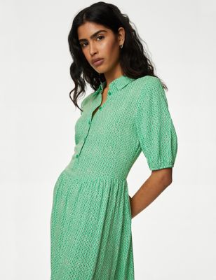 M&S Womens Printed Collared Puff Sleeve Midi Shirt Dress - 6REG - Green Mix, Green Mix,Blue Mix,Blac