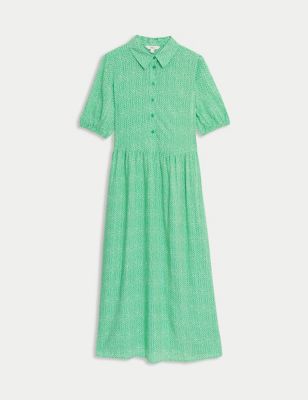 M&S Womens Printed Collared Puff Sleeve Midi Shirt Dress - 6REG - Green Mix, Green Mix,Blue Mix,Blac