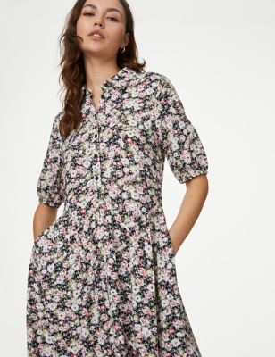 Printed Collared Puff Sleeve Midi Shirt Dress