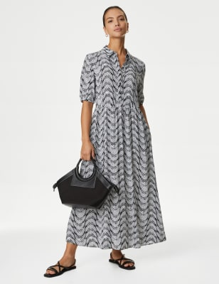 

Womens M&S Collection Printed Collared Puff Sleeve Midi Shirt Dress - Black Mix, Black Mix