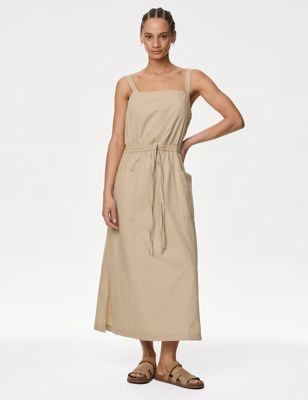 M&S Women's Pure Cotton Square Neck Relaxed Midi Slip Dress - 6REG - Buff, Buff