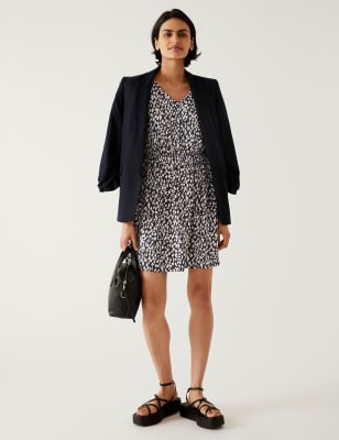 

Womens M&S Collection Linen Rich Printed V-Neck Mini Waisted Dress - Black Mix, Black Mix