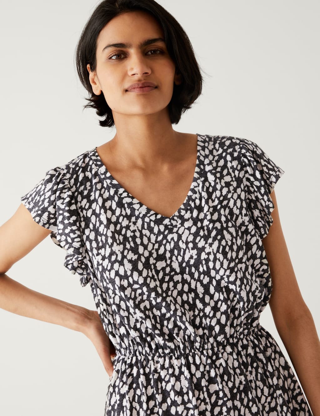 Linen Rich Printed V-Neck Mini Waisted Dress image 3