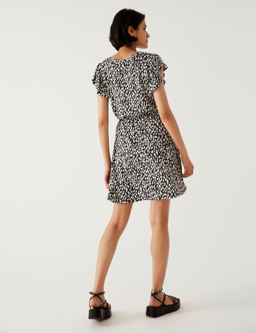 Linen Rich Printed V-Neck Mini Waisted Dress image 4