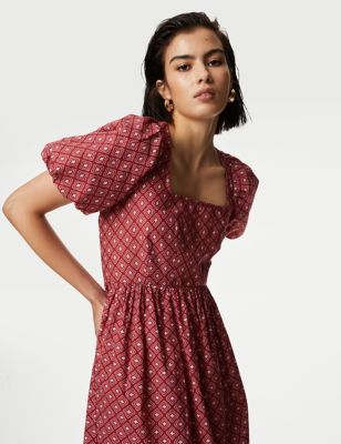 M&S Womens Pure Cotton Printed Square Neck Midi Waisted Dress - 10PET - Red Mix, Red Mix,Multi