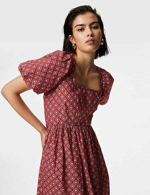 Pure Cotton Printed Square Neck Midi Waisted Dress - VN