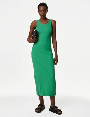 

Womens M&S Collection Cotton Rich Ribbed Midi Bodycon Dress - Medium Green, Medium Green