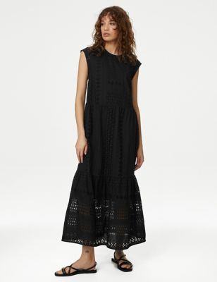 M&S Womens Pure Cotton Broderie Midi Tiered Dress - 6REG - Black, Black,Cranberry
