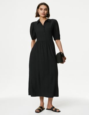 

Womens M&S Collection Modal Rich Checked Midi Shirt Dress - Black, Black