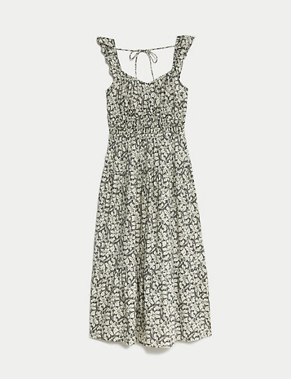 Pure Cotton Printed Midi Tiered Dress